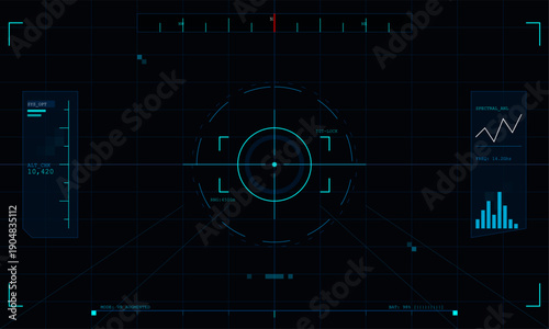 A futuristic digital heads-up display interface featuring a central targeting reticle, data panels, and technical readouts on a dark grid background for a sci-fi aesthetic.