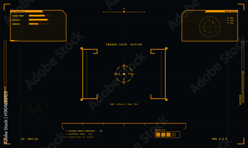 A futuristic orange heads up display interface on a black background featuring target lock, radar matrix, system diagnostics, and various technical data readouts for a scifi cockpit.