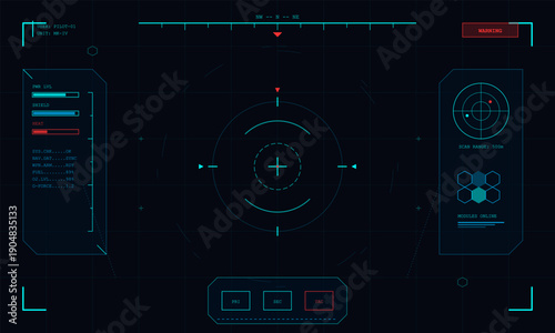 This digital heads-up display interface includes a central targeting reticle, radar scan, and status bars for power and heat levels against a dark blue grid background.