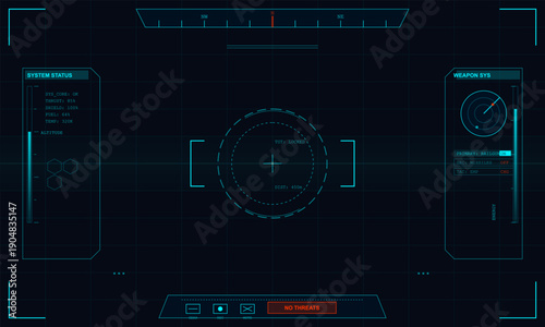 A futuristic digital heads-up display interface featuring a central targeting reticle, system status monitors, weapon systems data, and a navigation compass on a dark grid background.