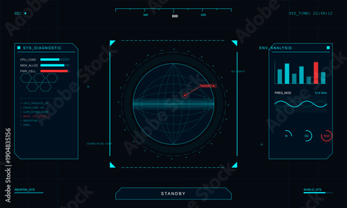 A futuristic digital head-up display featuring a central radar scanner, system diagnostics, and environmental analysis data on a dark background with cyan and red accents.