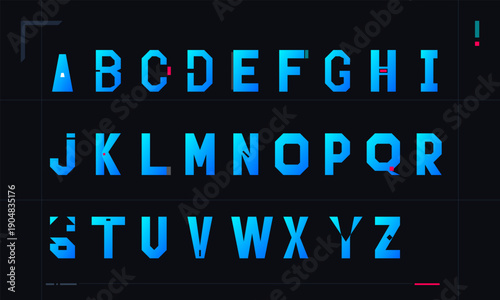 A complete set of uppercase alphabet letters in a futuristic geometric font with a blue gradient on a dark background, featuring digital glitch elements and sharp angles.