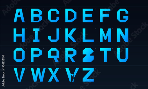 This image displays a full set of uppercase English alphabet letters in a futuristic geometric style with a vibrant blue gradient against a dark navy background.