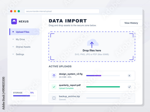 A clean user interface design for a data import web application featuring a drag and drop file upload zone, progress bars for active transfers, and a sidebar with storage status.