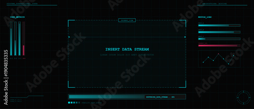 A futuristic digital head-up display interface featuring various data metrics, progress bars, and a central primary view window on a dark grid background with cyan accents.