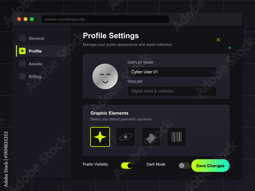 A dark mode user profile settings interface for a digital platform, featuring an avatar, display name field, graphic element selection, and a neon green save changes button.