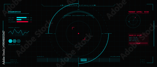 A futuristic digital head-up display interface featuring a circular targeting reticle, diagnostic data bars, and threat level indicators on a dark grid background with teal and red accents.