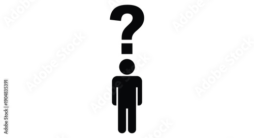 A stark black silhouette of a person directly below a black question mark set against a white background