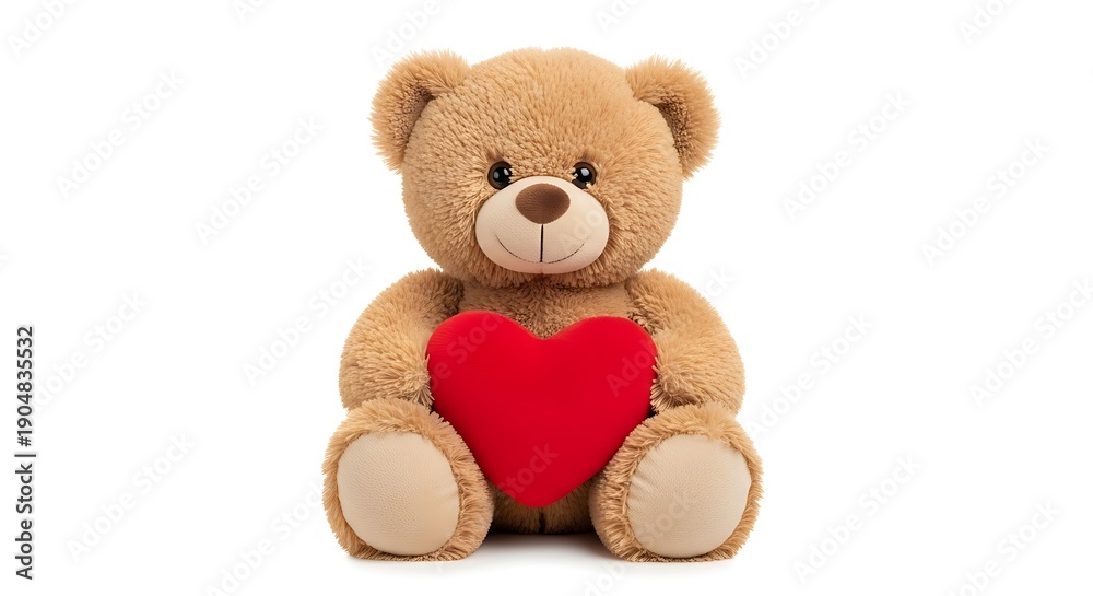 Obraz premium Brown teddy bear holding red heart, Valentine's Day icon, love symbol, gift or greeting card element, Isolated on transparent background, png