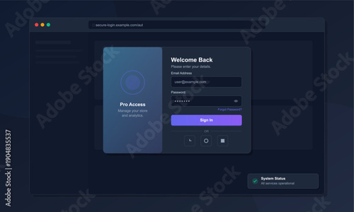 A modern dark mode login interface for a professional web application featuring email and password input fields, a sign in button, and a system status indicator in a browser window.