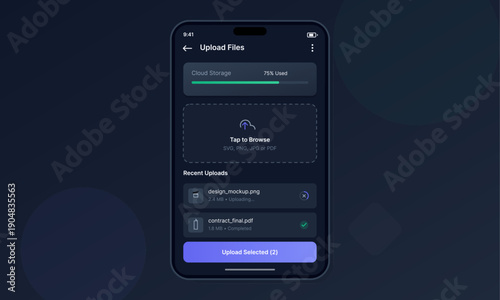 A smartphone screen displays a dark mode user interface for uploading files to cloud storage, featuring a progress bar, a browse area, and a list of recently uploaded documents.
