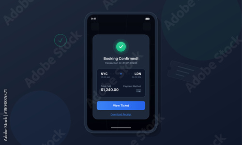 A smartphone displays a booking confirmation screen for a flight from New York to London. The interface features a dark theme with a green checkmark and a blue view ticket button.