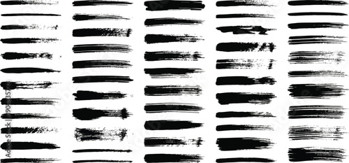 Collection of diverse black ink brush stroke textures and lines on white background for creative design elements