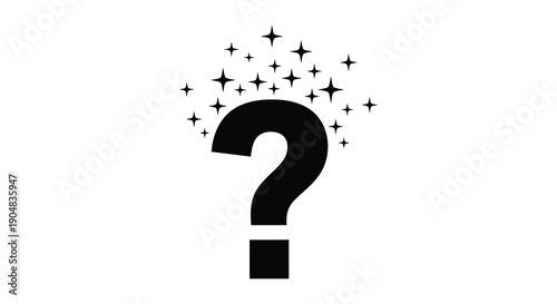A large black question mark is prominently displayed against a white background surrounded by numerous small stars