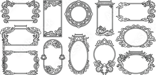 Collection of ornate traditional Chinese dragon and cloud decorative frames isolated on a transparent background for design