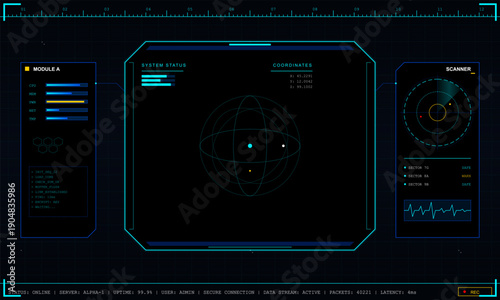 A futuristic digital head-up display interface featuring system status modules, coordinates, a radar scanner, and real-time data monitoring panels on a dark grid background.