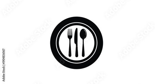 Simple black and white illustration of a plate with utensils on a white background