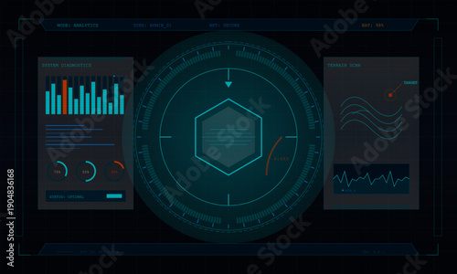 Futuristic digital heads-up display with system diagnostics, terrain scanning, and data analytics. The interface features circular gauges, bar charts, and a central hexagonal reticle on a dark grid.