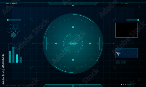 A futuristic digital head-up display interface featuring a central targeting reticle, data bar charts, a frequency waveform, and binary code elements on a dark blue background.