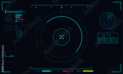 A futuristic heads-up display interface featuring a central targeting reticle, system diagnostics, radar, and status bars for shield, armor, and energy on a dark grid background.