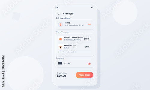 A mobile application interface showing a food delivery checkout screen with order summary, delivery address, payment method, and a place order button on a clean white background.