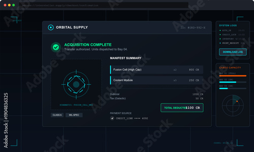 A futuristic sci-fi user interface displays a completed transaction for orbital supplies, featuring a manifest summary, technical schematics, and cargo capacity status on a dark screen.