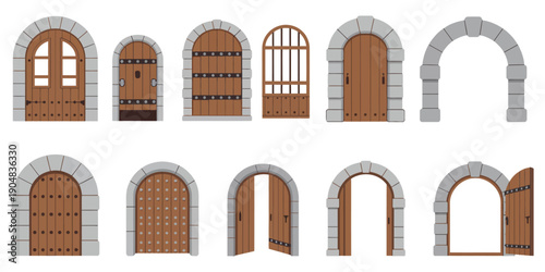 Castle Door Vector old medieval door with iron lattice, showing gates, dungeon entrance, palace doorway, and cellar passage illustration.