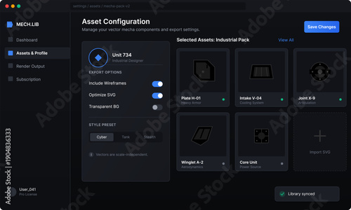 A dark mode user interface for a mecha asset configuration software featuring industrial components, export settings, and a grid of vector parts for digital design and modeling.