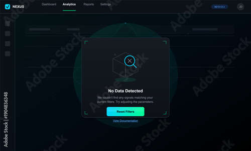 A dark mode user interface displays a modal window with a no data detected message. The screen features a magnifying glass icon and a bright cyan reset filters button on a black background.