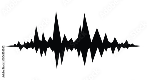 A stark black and white waveform illustration depicts an audio signal with fluctuating amplitude over time high quality professional detailed