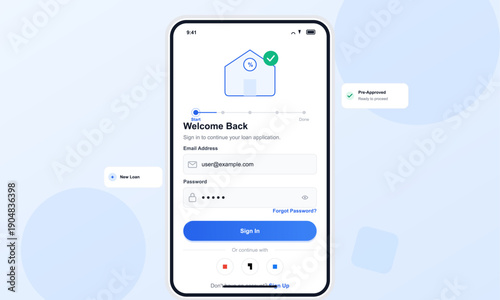 A mobile phone displays a login screen for a loan application app featuring a house icon with a percentage symbol. The interface includes email and password fields with a blue sign in button.