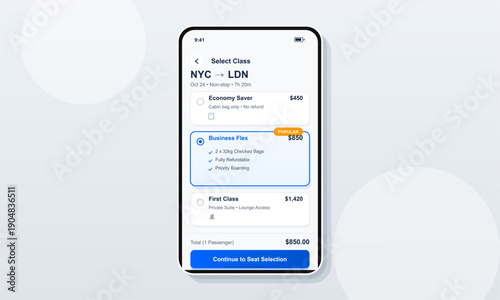 A mobile application interface displays flight class options for a trip from New York to London, featuring economy, business, and first class selections with pricing and details.