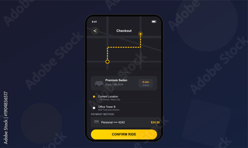 A smartphone displays a mobile application checkout screen for a premium sedan ride with a map route, pickup location, destination, payment method, and a yellow confirm ride button.