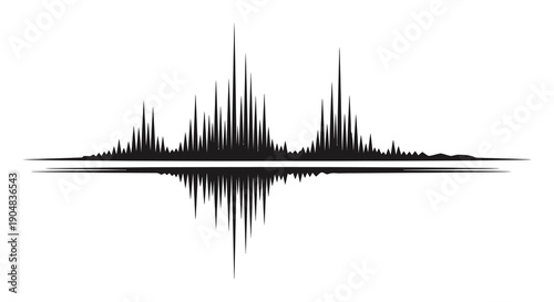 A striking black and white graphic depicts a sound wave or cityscape silhouette with a mirrored reflection