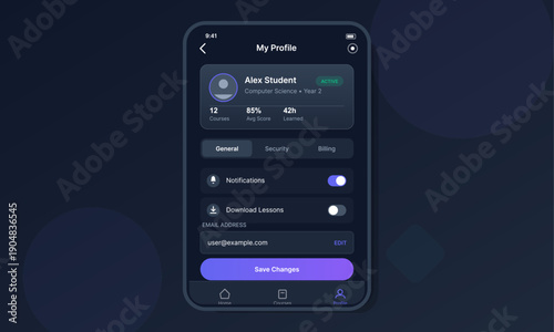 A mobile application user profile interface featuring a student dashboard with course statistics, settings toggles for notifications, and a save changes button on a dark background.
