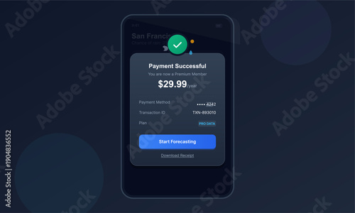 A mobile application interface shows a payment successful message for a premium membership subscription with transaction details and a blue start forecasting button.