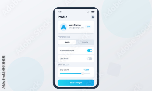 A smartphone displays a user profile interface for a fitness application featuring settings for unit preferences, notifications, dark mode, and a daily step count goal slider.