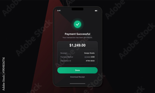 A smartphone screen displays a successful payment confirmation for one thousand two hundred forty-nine dollars with a green checkmark icon and transaction details on a dark background.
