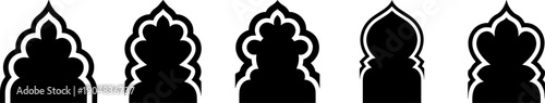Set of 5 Ornate Islamic Arch Silhouettes with Decorative Outline Borders for Mosque Windows and Arabic Headline Frames