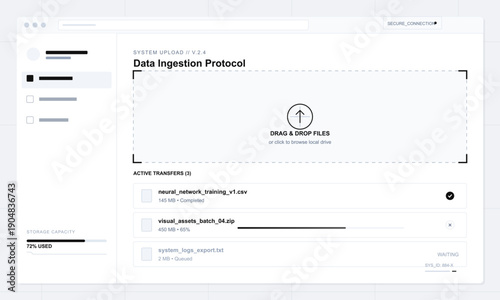 This clean user interface displays a data ingestion protocol with a drag and drop upload zone, active file transfers, and a storage capacity indicator on a white background.