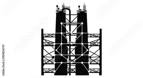 A stark black and white silhouette depicts an industrial structure resembling an oil derrick or a complex gantry high quality