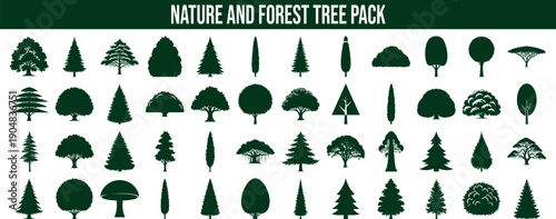 Detailed Tree Silhouettes featuring Forest Evergreen Coniferous and Deciduous Varieties in Dark Green for Landscape Design
