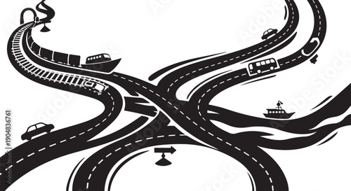 Black and white illustration of roads and transportation network