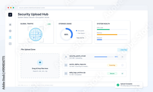 A clean user interface for a security upload hub dashboard featuring system health metrics, storage usage statistics, global traffic monitoring, and a file management zone.