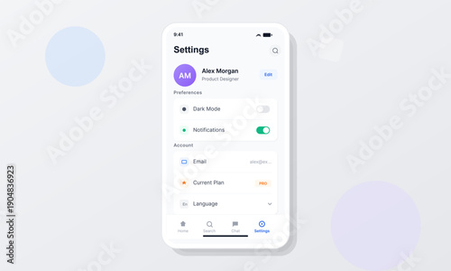 A mobile phone displays a clean user interface for a settings menu, featuring user profile details, preference toggles for dark mode and notifications, and account management options.