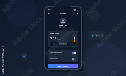 A mobile application interface displays smart home settings for a living room, featuring temperature controls, user profile information, and toggle switches for automation modes.
