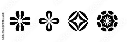 Symbols decorative set with black floral patterns and abstract designs featuring icons, graphics, shapes with minimalist and simple elements for elegant, modern projects, clean composition on simple