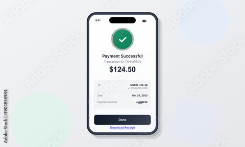A mobile phone screen displays a successful payment confirmation for a one hundred twenty-four dollar transaction featuring a green checkmark and digital receipt details.
