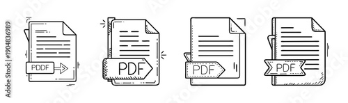 Stylized PDF document icons with download and arrow symbols