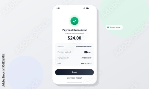 A smartphone interface shows a payment successful message for a premium voice plan. The screen includes a green checkmark icon, transaction details, and a dark button labeled done.
